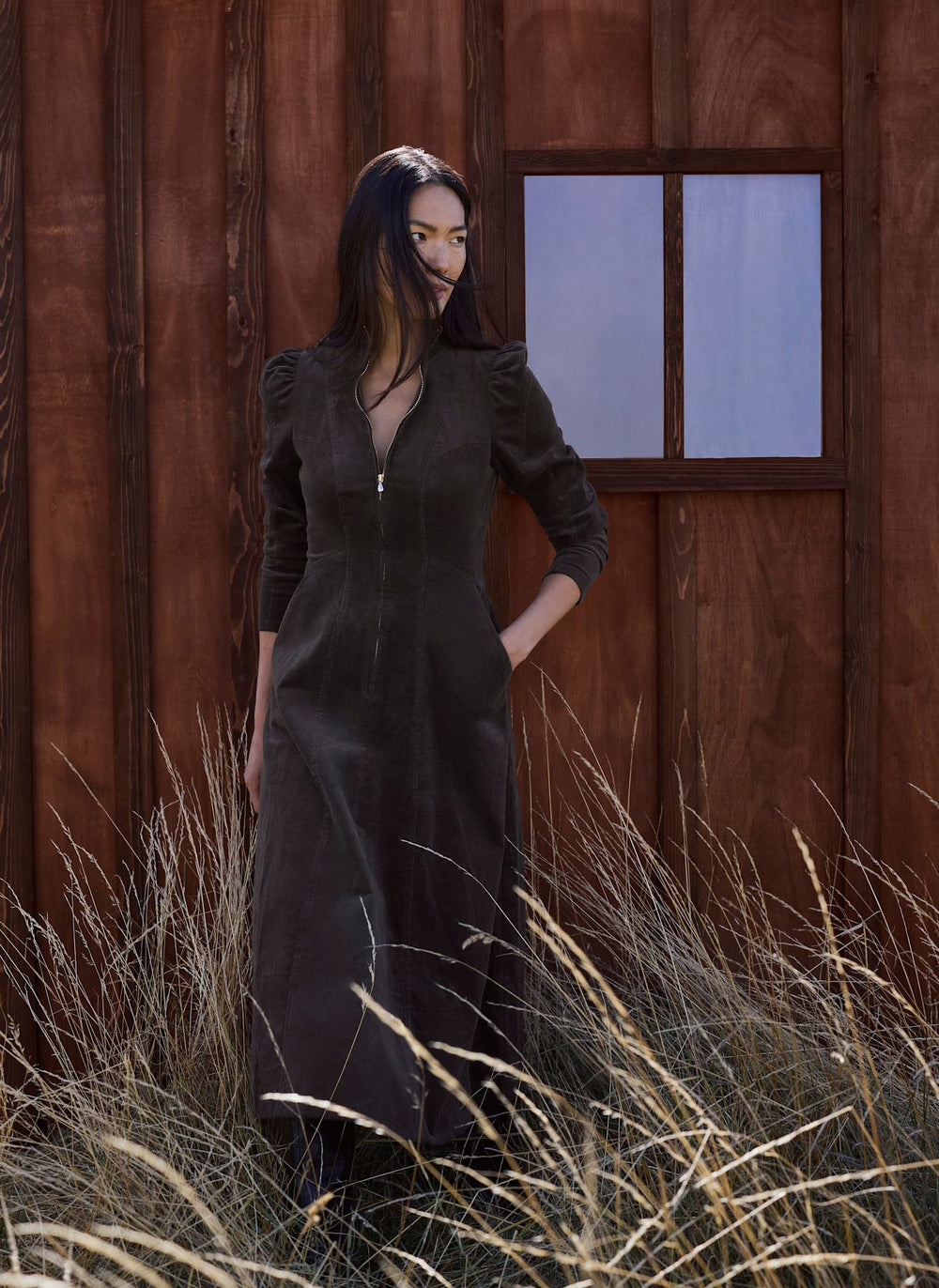 Grey Corduroy Stand Collar Midi Dress