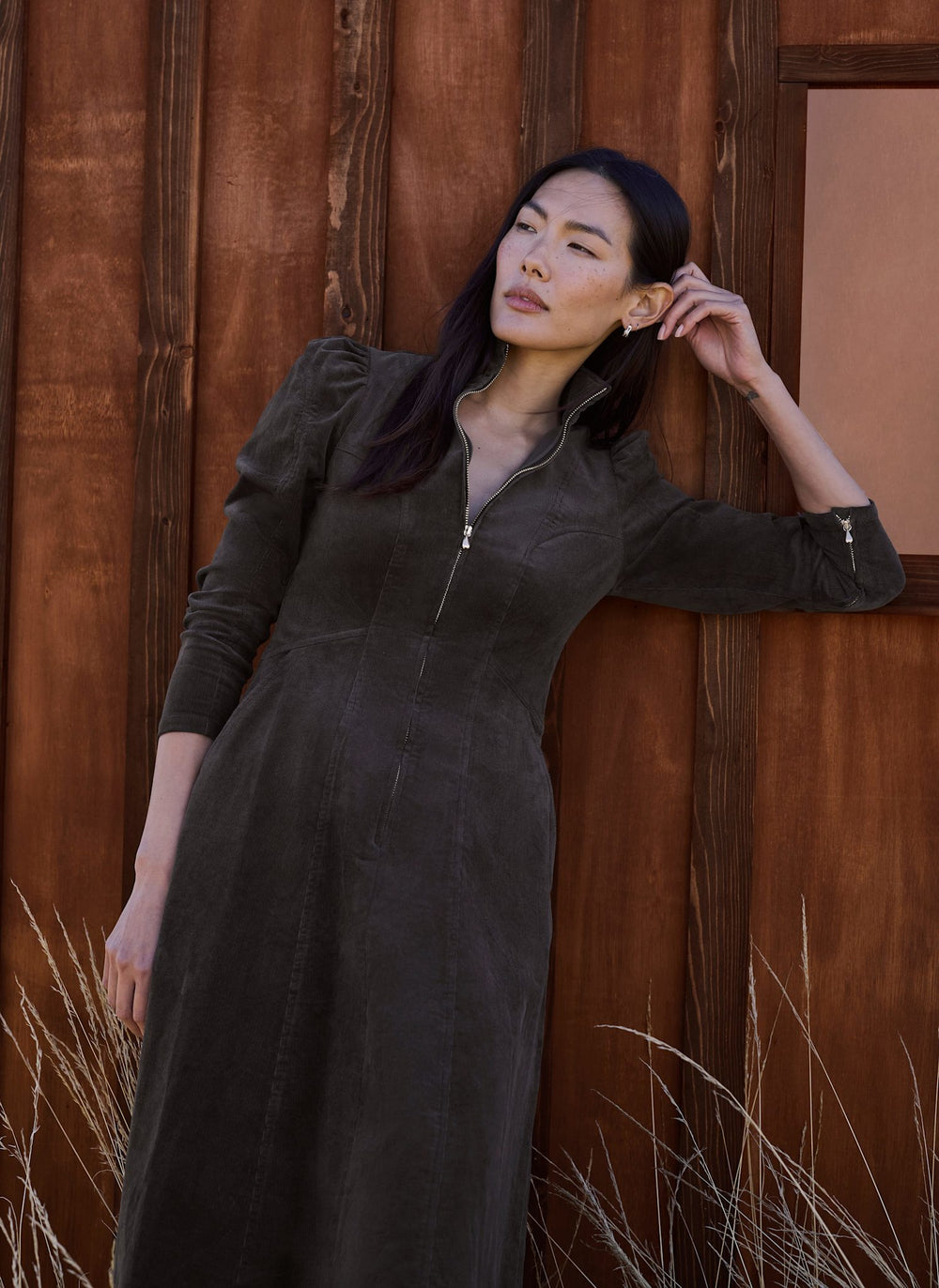 Grey Corduroy Stand Collar Midi Dress