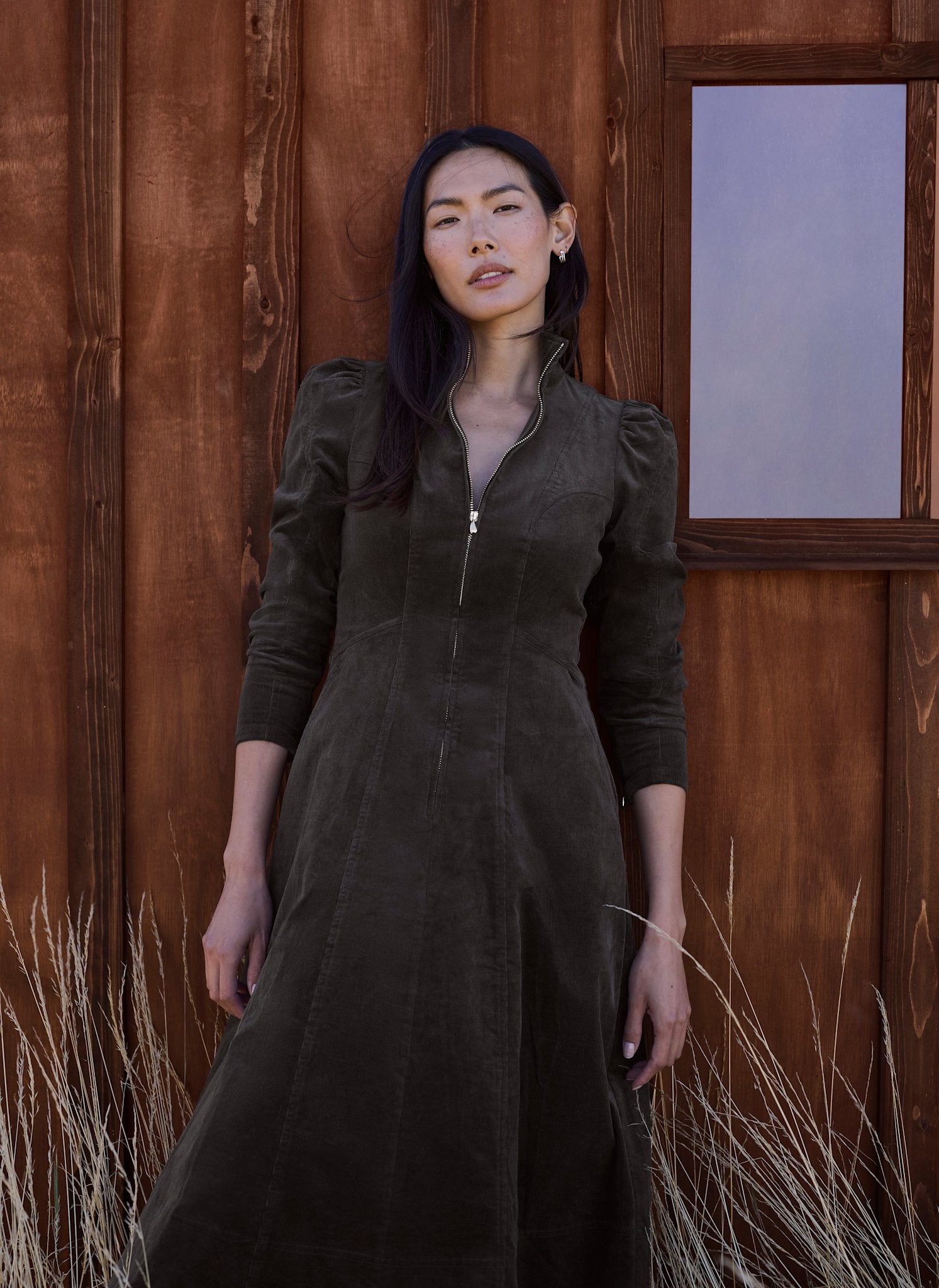 Dark Grey Corduroy Stand Collar Midi Dress – Mint Velvet