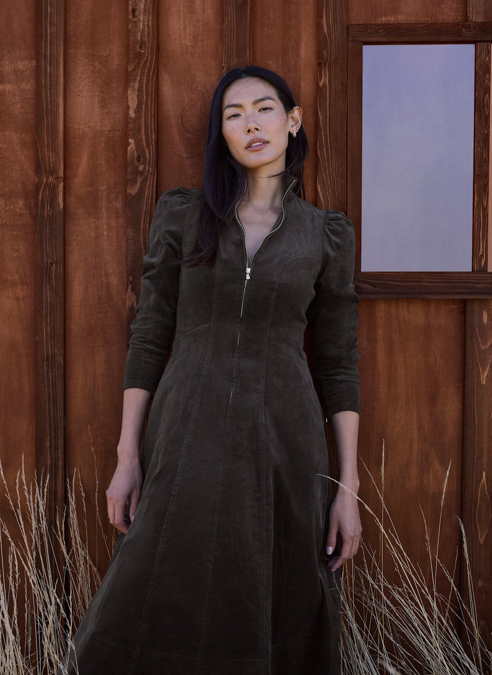 Grey Corduroy Stand Collar Midi Dress