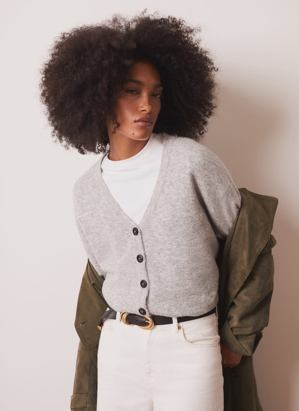 Grey V-Neck Knit Cardigan