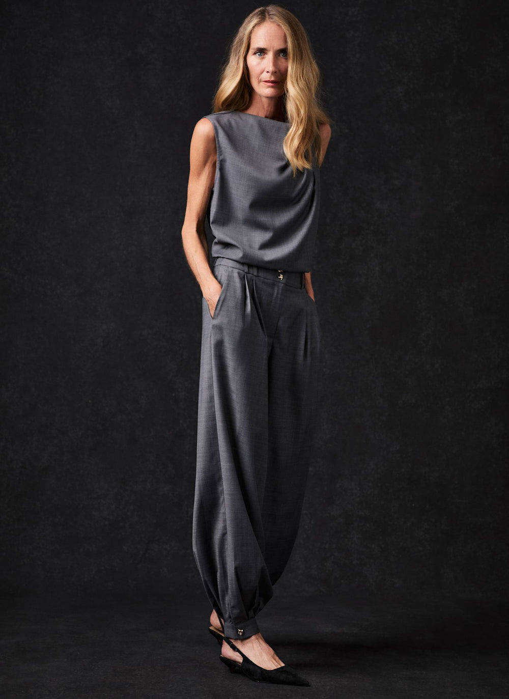 Grey Wool Blend Cowl Neck Top