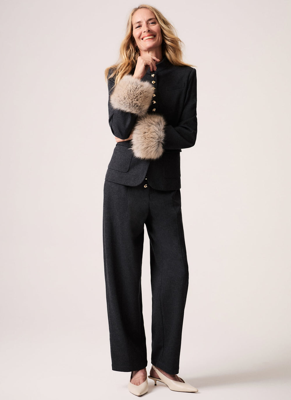 Grey Faux Fur Trim Sculpted Jacket