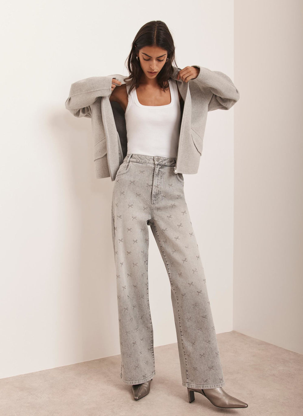 Grey Bow Embellished Wide Jeans