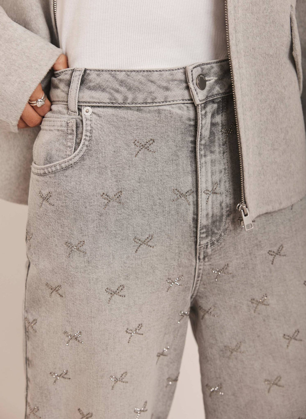 Grey Bow Embellished Wide Jeans