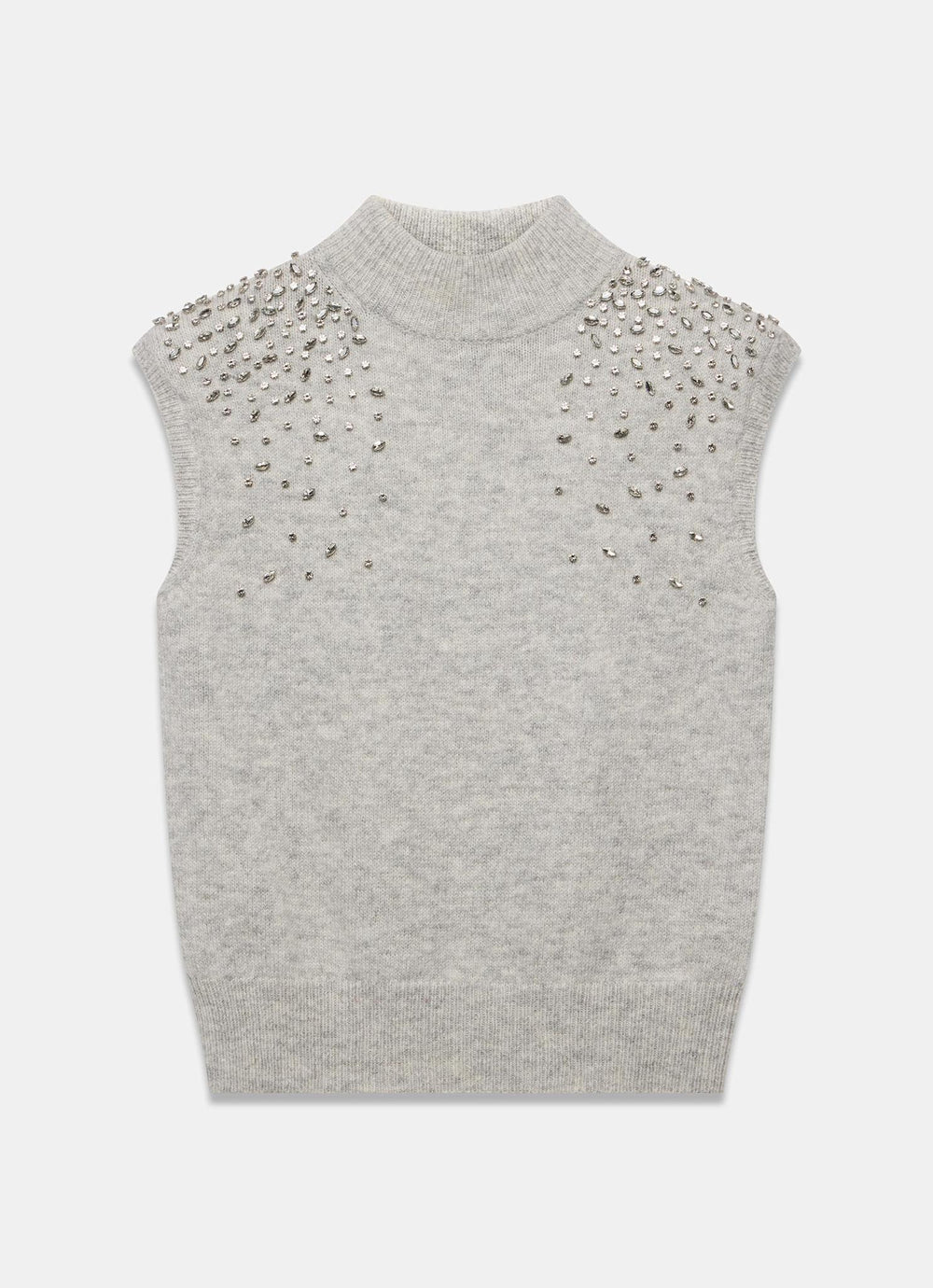 Grey Wool Blend Sleeveless Embellished Knit Top