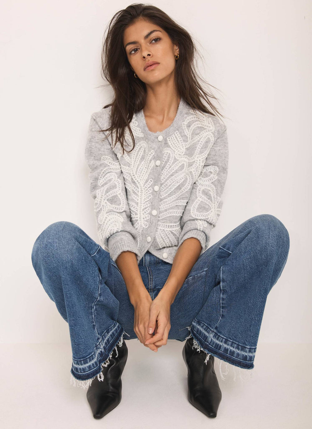 Grey Embroidered Knit Cardigan