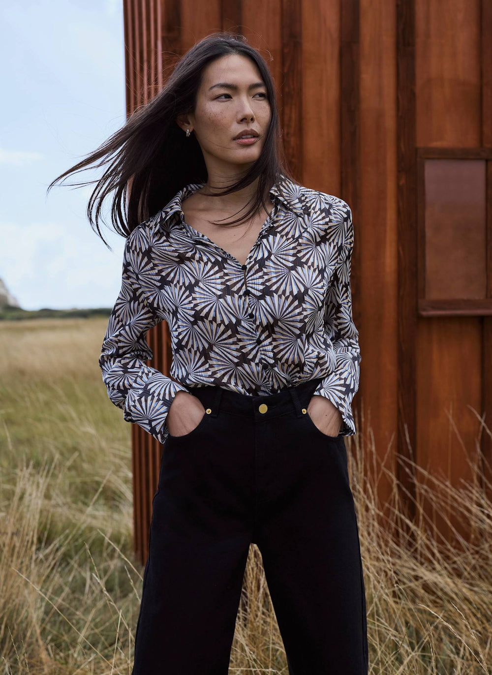 Grey Geometric Print Metallic Detail Shirt
