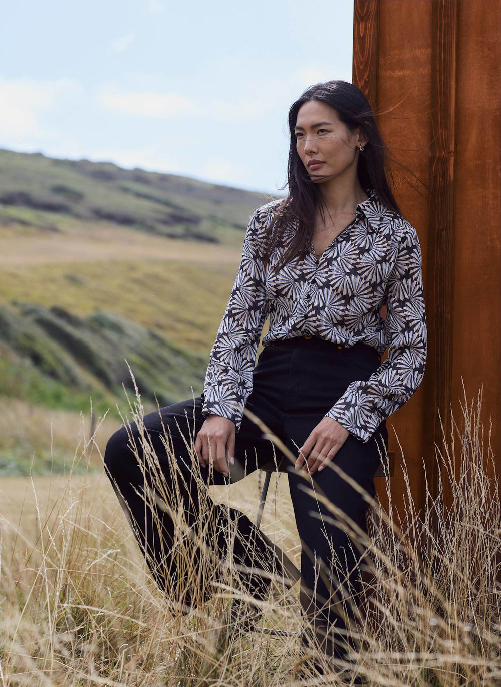 Grey Geometric Print Metallic Detail Shirt