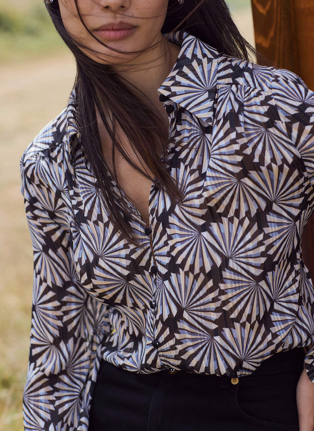 Grey Geometric Print Metallic Detail Shirt