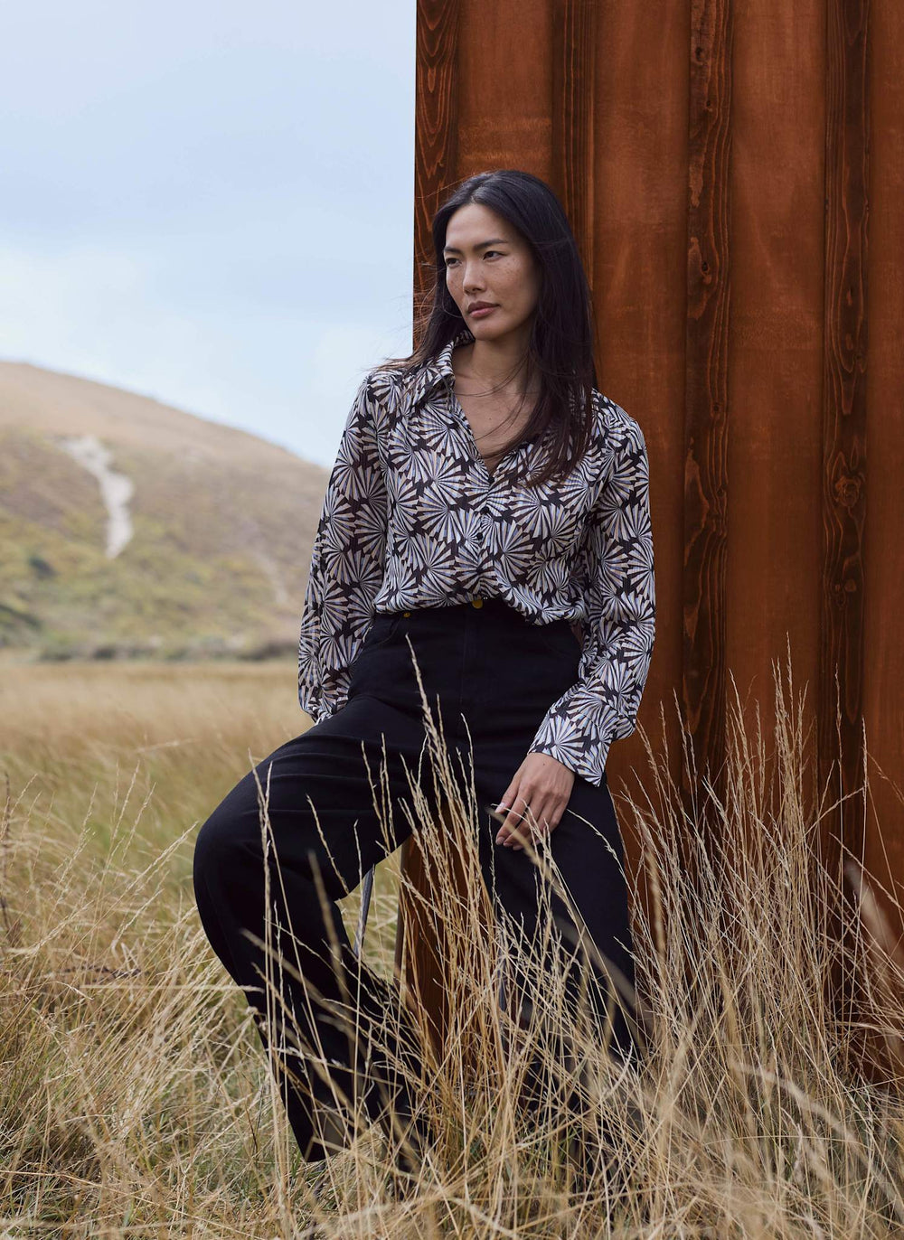 Grey Geometric Print Metallic Detail Shirt