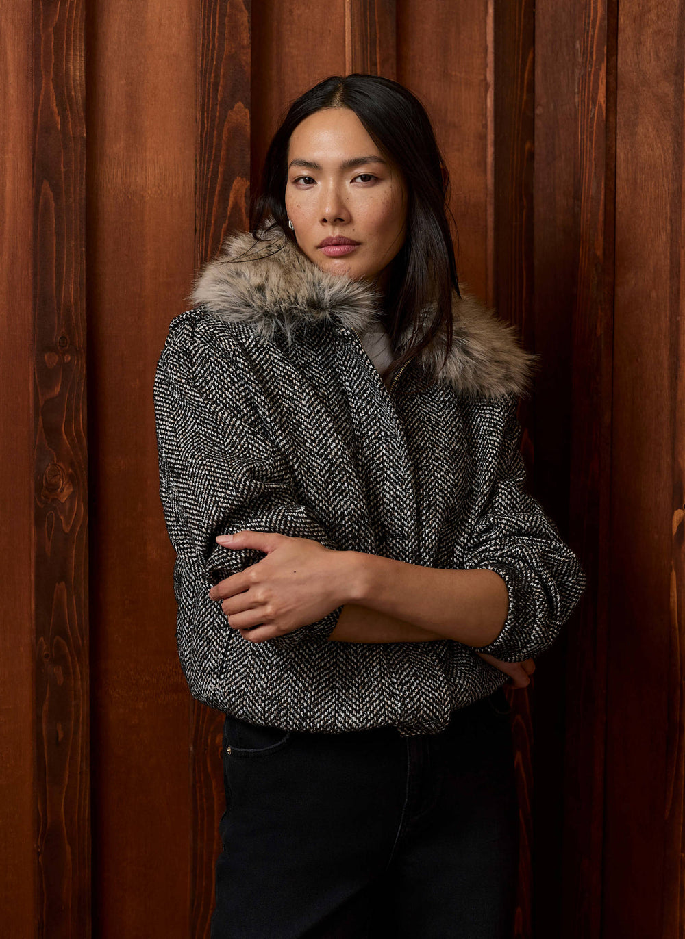 Grey Herringbone Faux Fur Collar Jacket