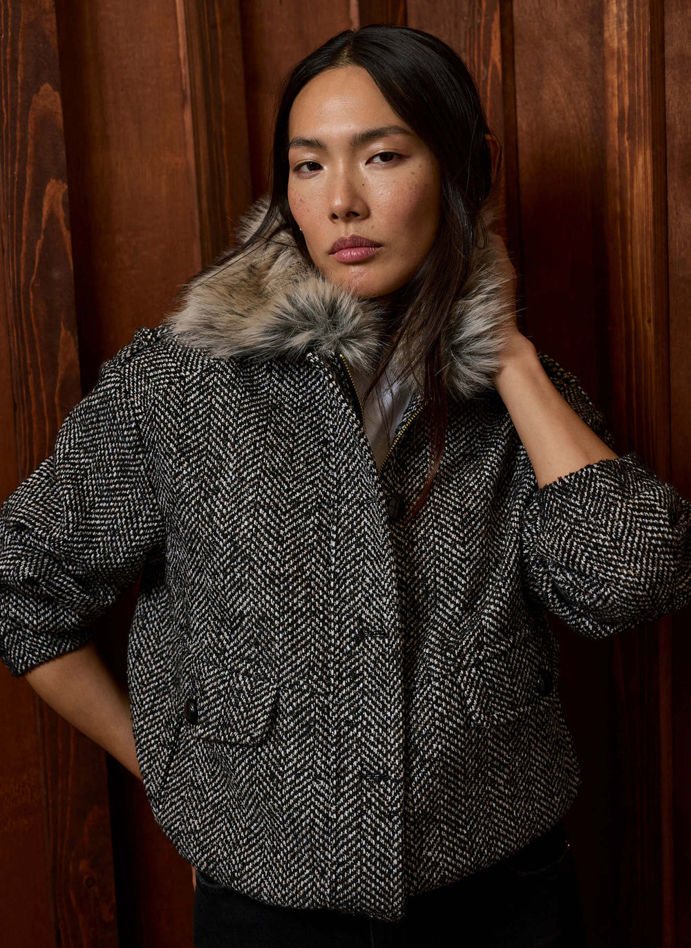 Grey Herringbone Faux Fur Collar Jacket