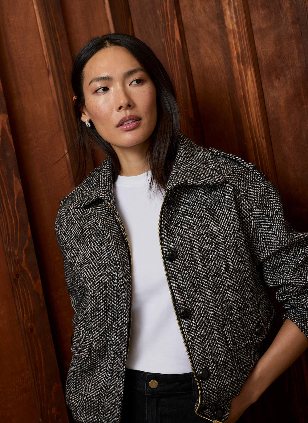 Grey Herringbone Faux Fur Collar Jacket