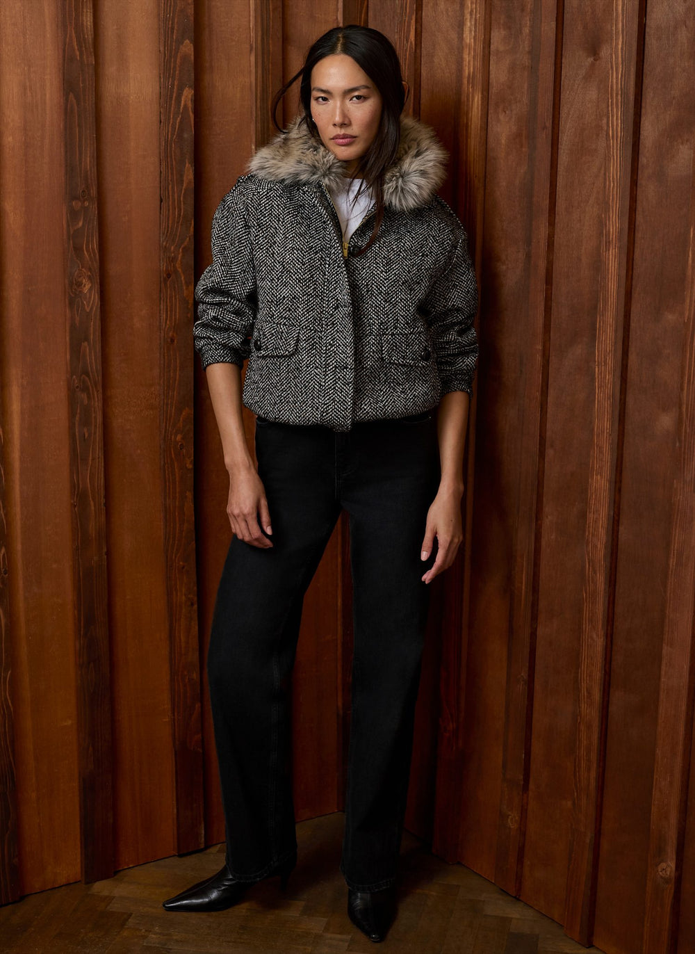 Grey Herringbone Faux Fur Collar Jacket