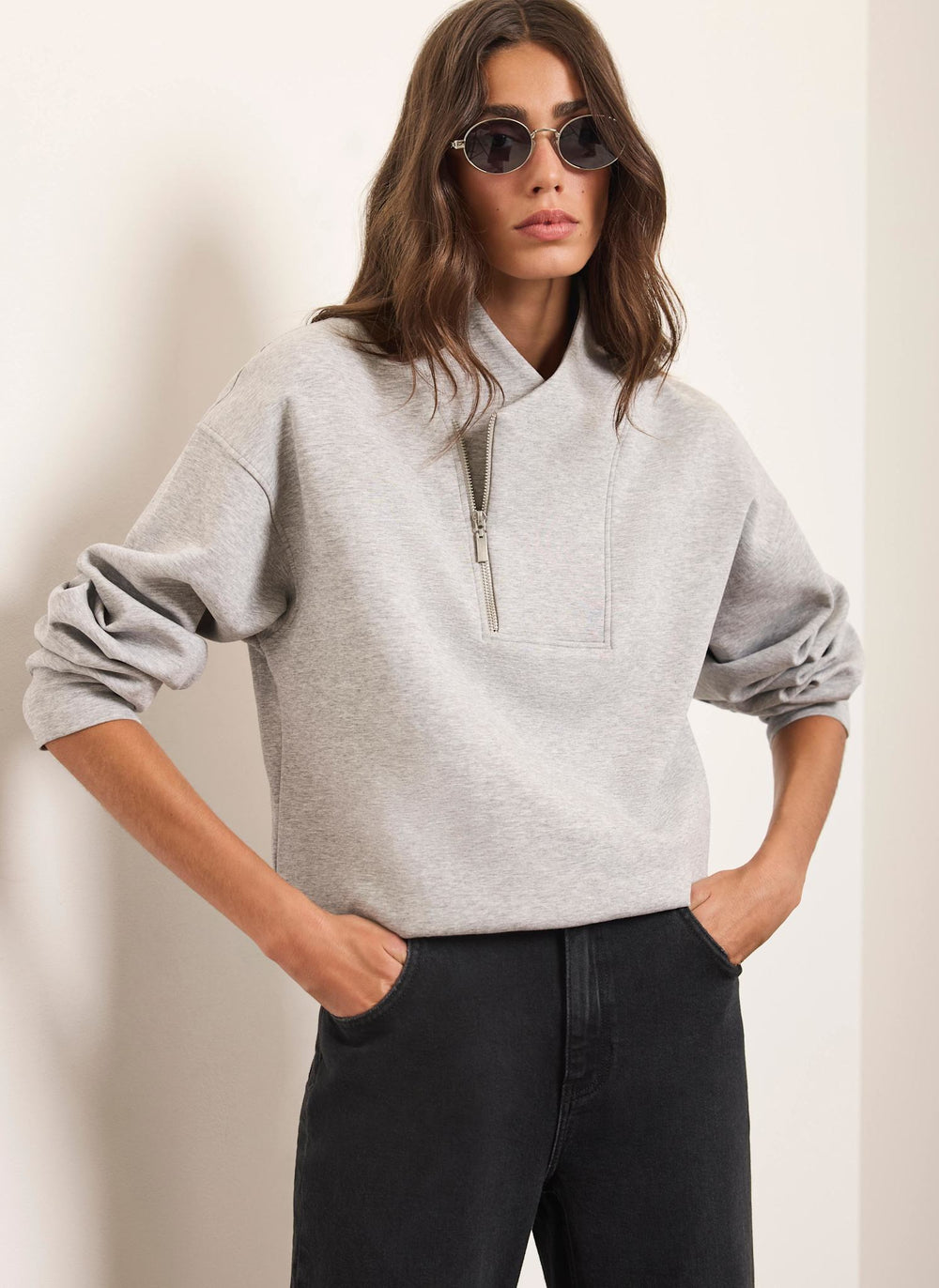 Grey Cotton Blend Zip Detail Sweatshirt