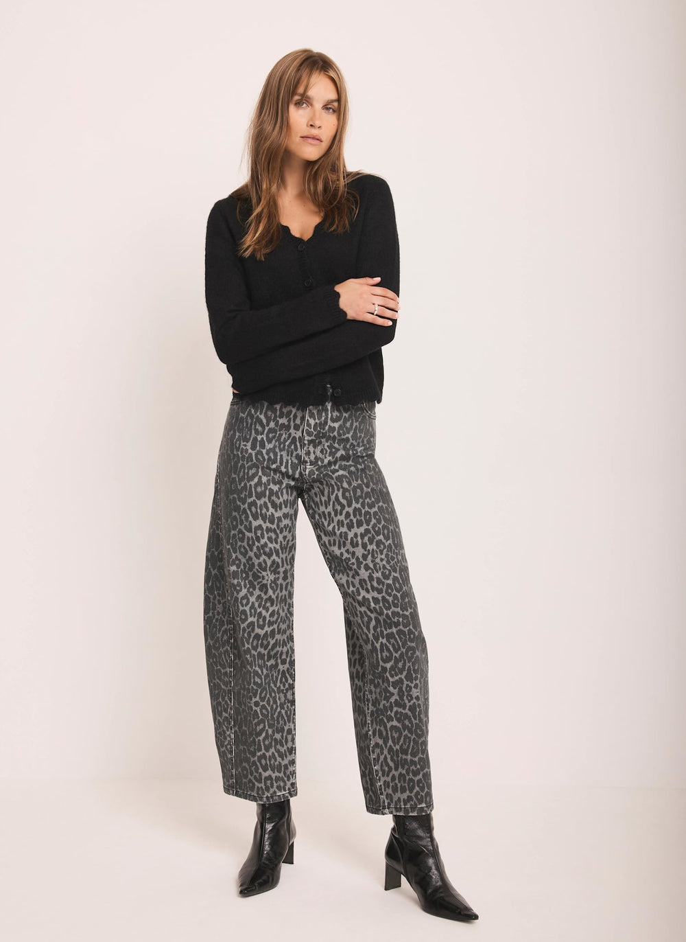 Grey Leopard Print Barrel Leg Jeans