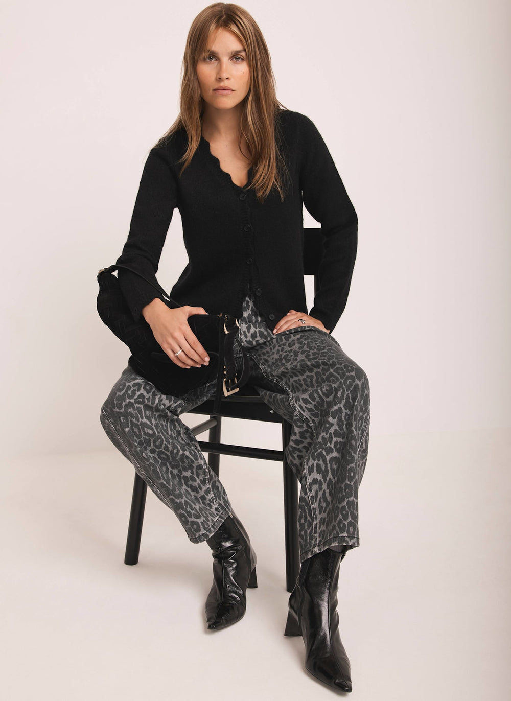 Grey Leopard Print Barrel Leg Jeans