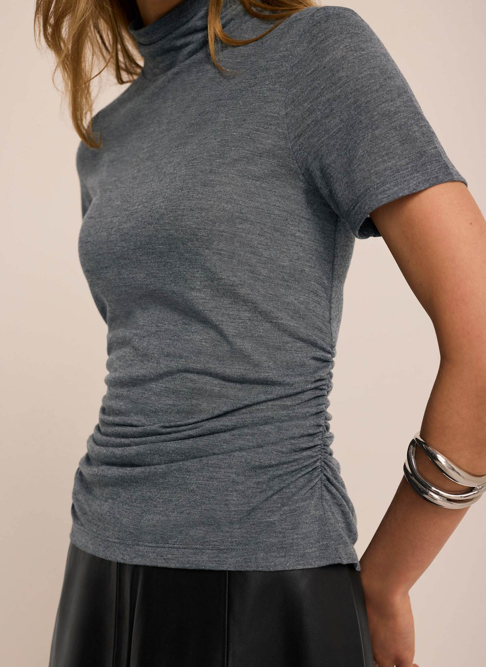 Grey Ruched Detail High Neck Top