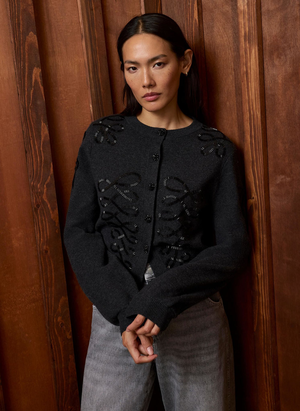 Dark Grey Cotton Blend Bead Embellished Cardigan