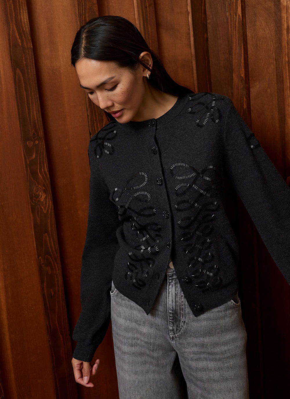 Dark Grey Cotton Blend Bead Embellished Cardigan