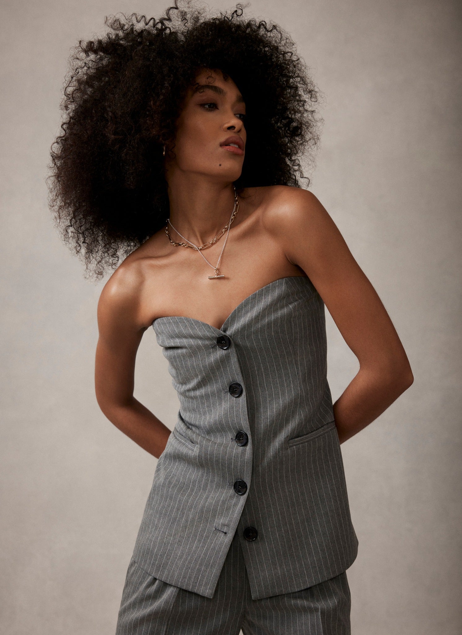The Kript bandeau 90s crop top with button detail in gray pinstripe - part  of a set