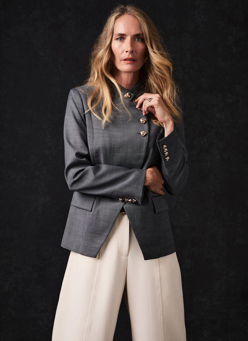 Grey Wool Blend Sculpted Blazer