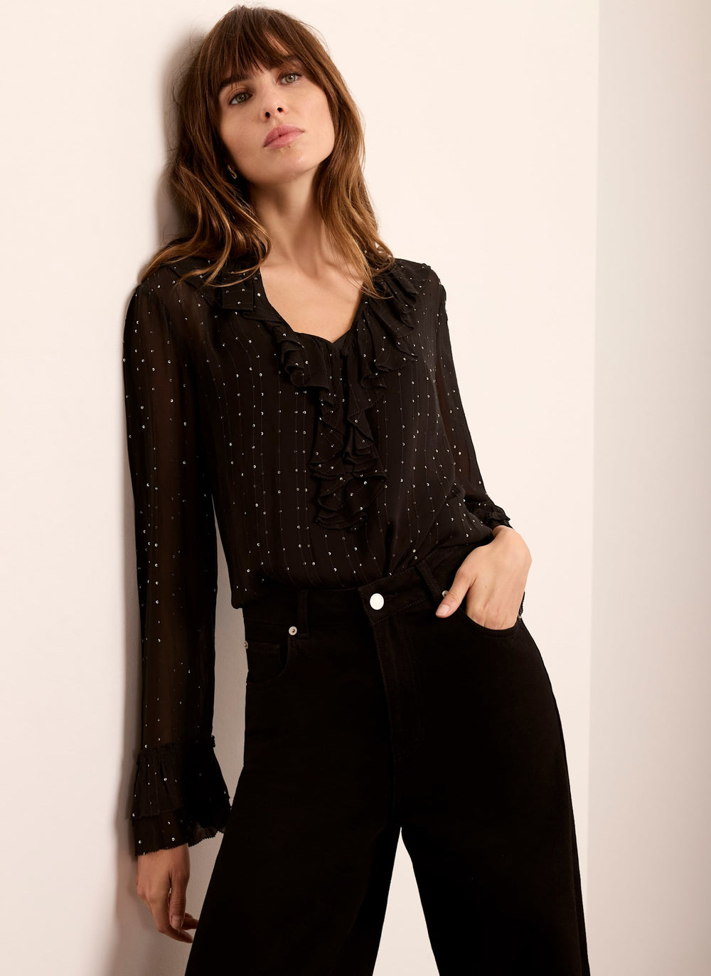 Dark Grey Sequin Sheer Ruffle Blouse