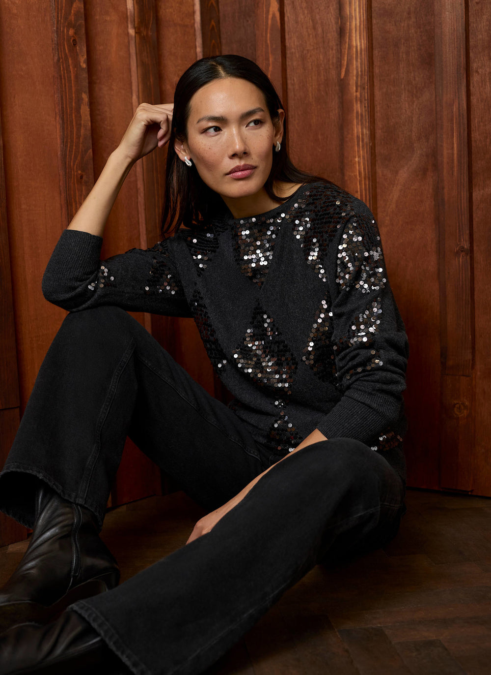 Dark Grey Sequin Diamond Embellished Jumper