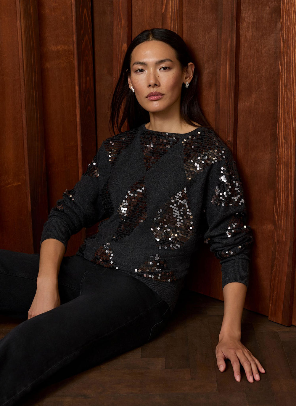 Dark Grey Sequin Diamond Embellished Jumper