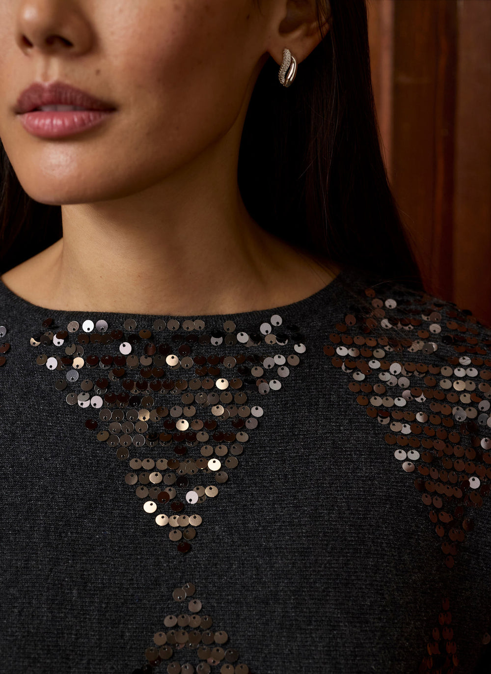 Dark Grey Sequin Diamond Embellished Jumper