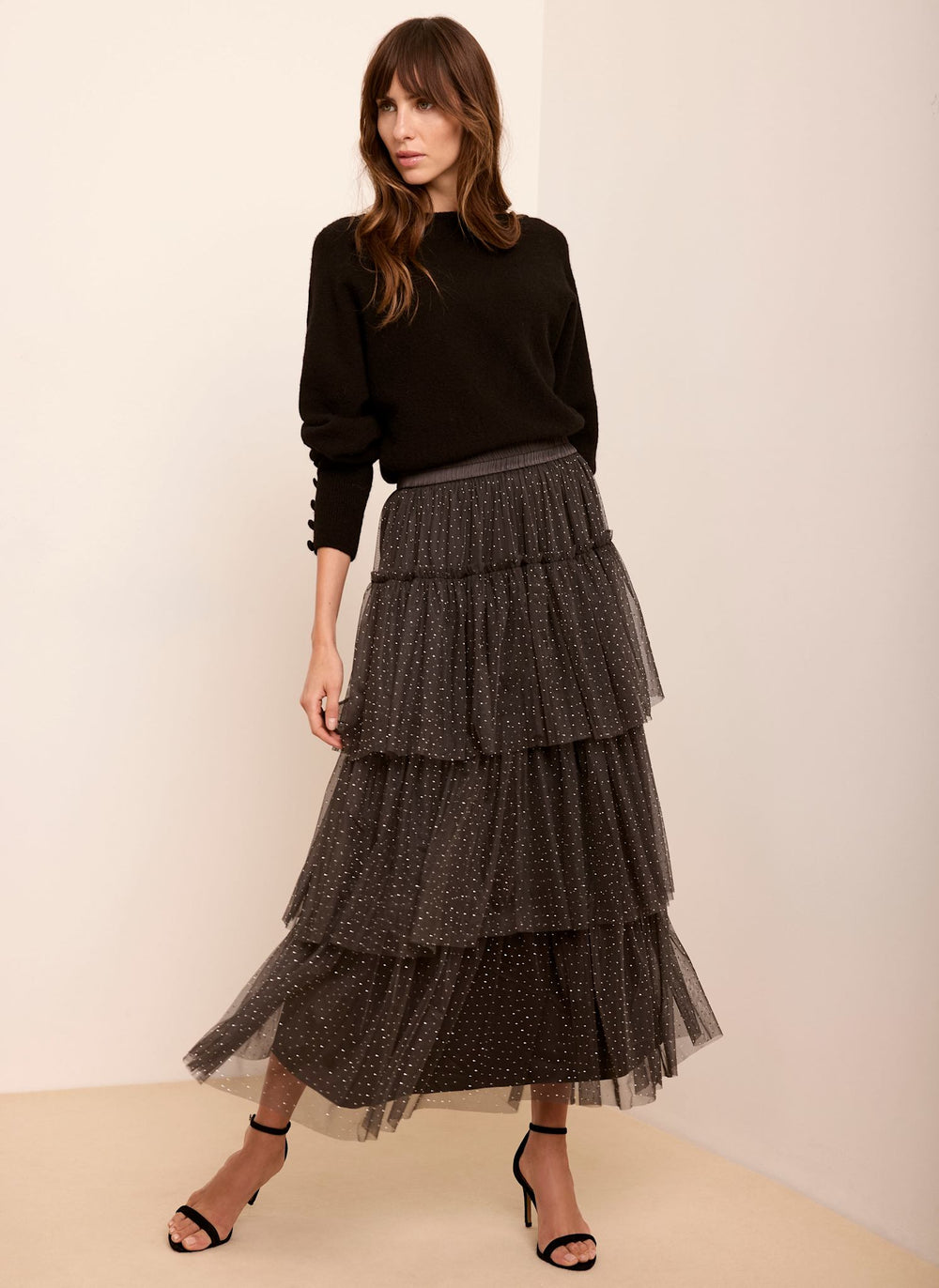 Grey Embellished Tiered Tulle Maxi Skirt