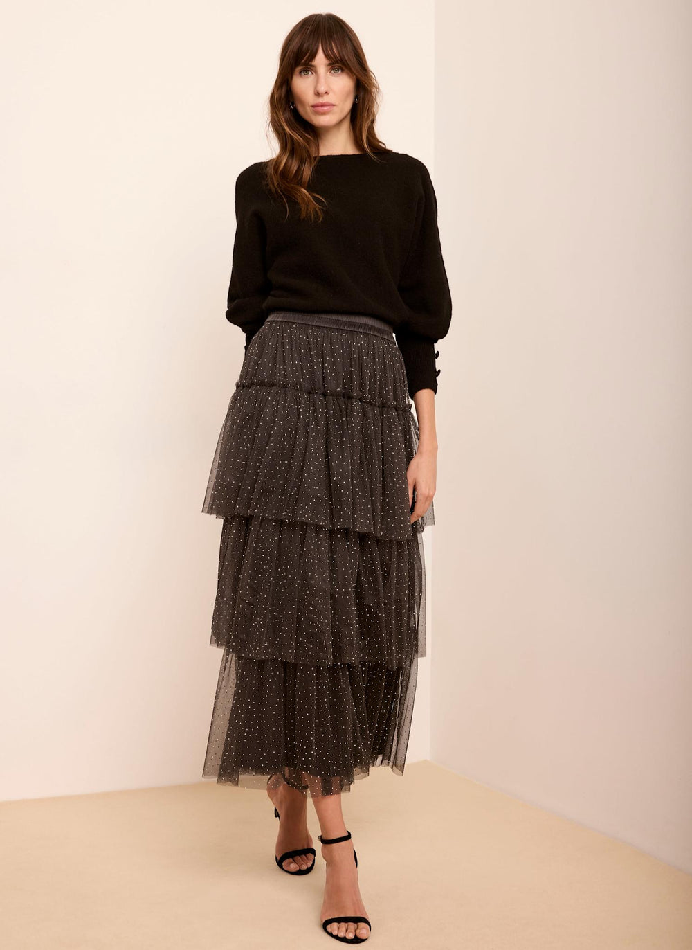 Grey Embellished Tiered Tulle Maxi Skirt
