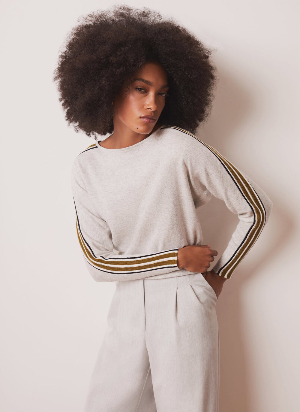 Grey Cotton Blend Stripe Detail Jumper