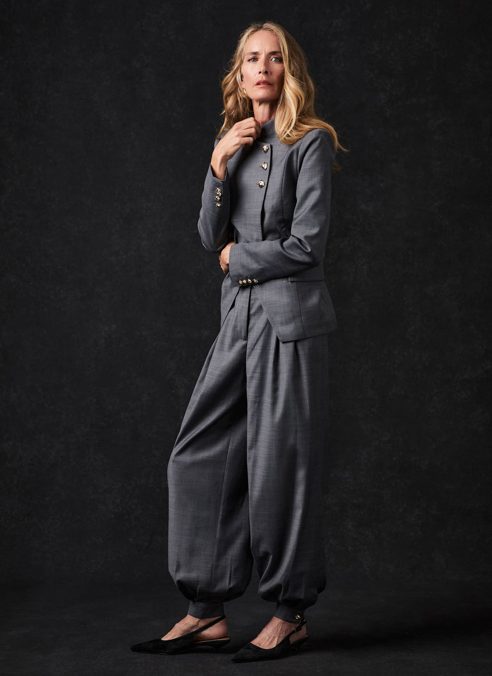 Grey Wool Blend Tailored Balloon Leg Trousers