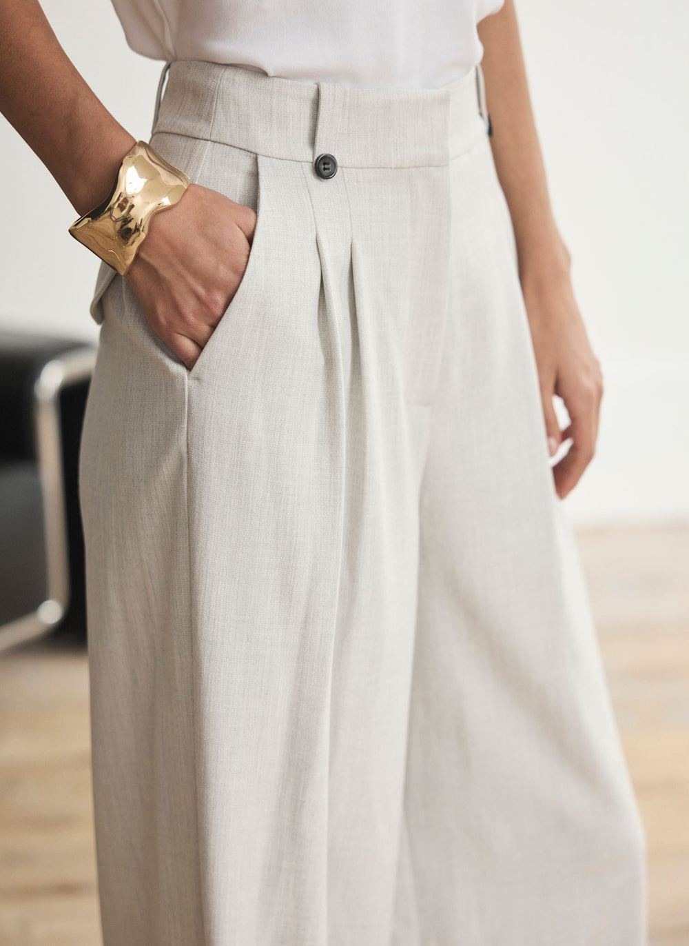 Grey Pleated Tailored Wide Trousers