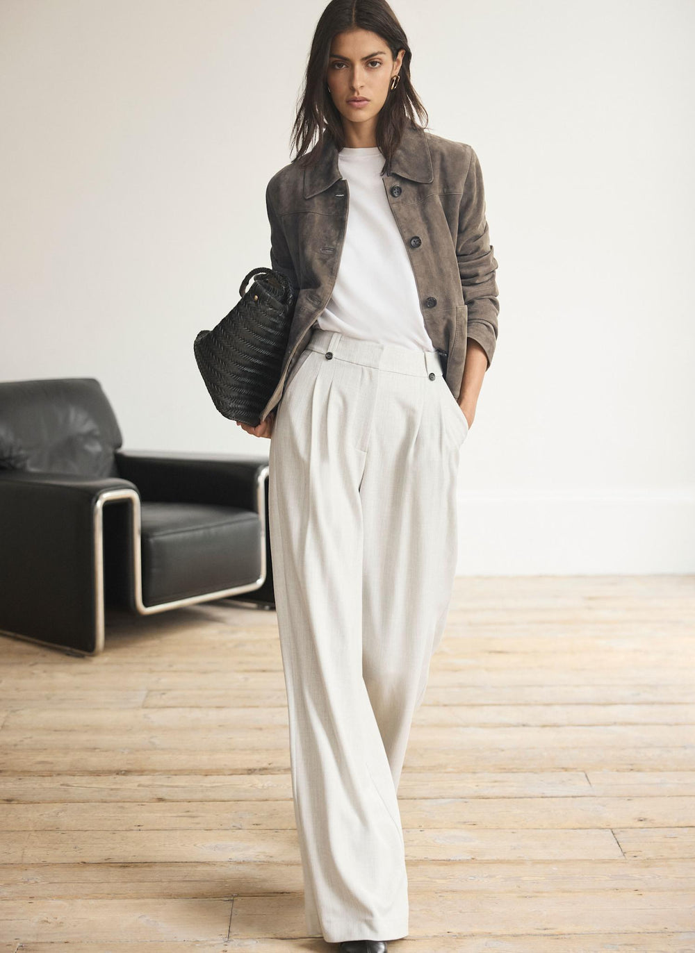 Grey Pleated Tailored Wide Trousers