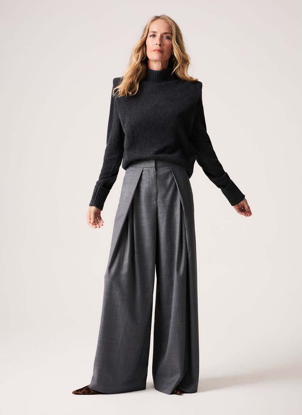 Grey Wool Blend Tailored Wide Trousers