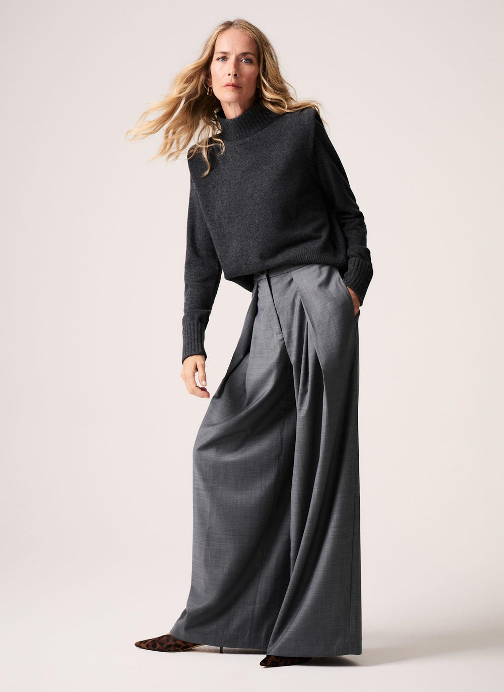 Grey Wool Blend Tailored Wide Trousers