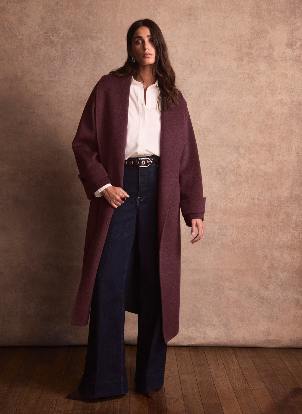 Burgundy Wool Blend Hand Finished Waterfall Coat