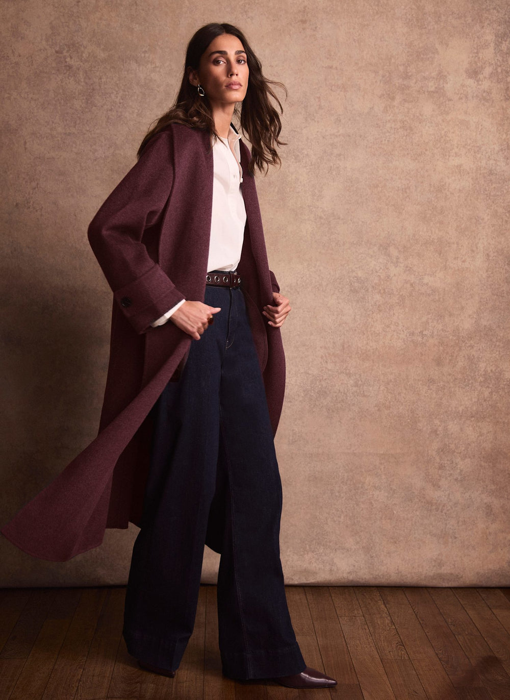 Burgundy Wool Blend Hand Finished Waterfall Coat