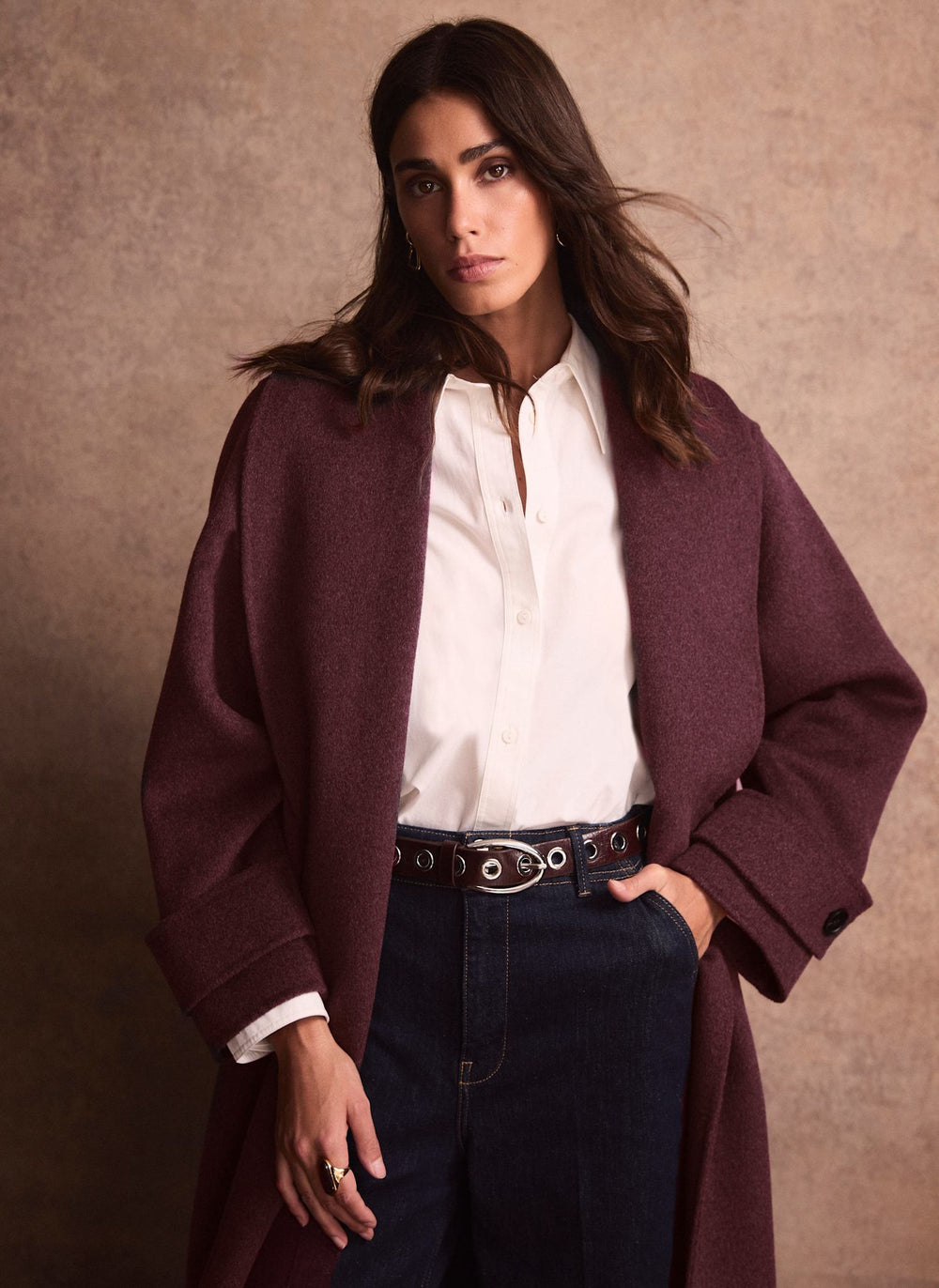 Burgundy Wool Blend Hand Finished Waterfall Coat