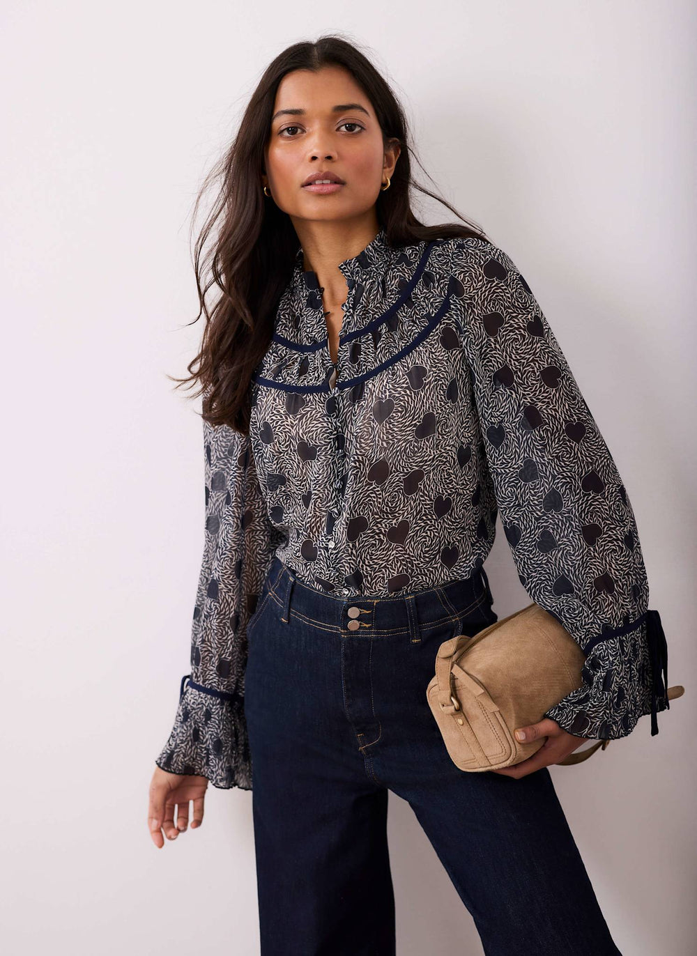 Navy Heart Print Chiffon Blouse