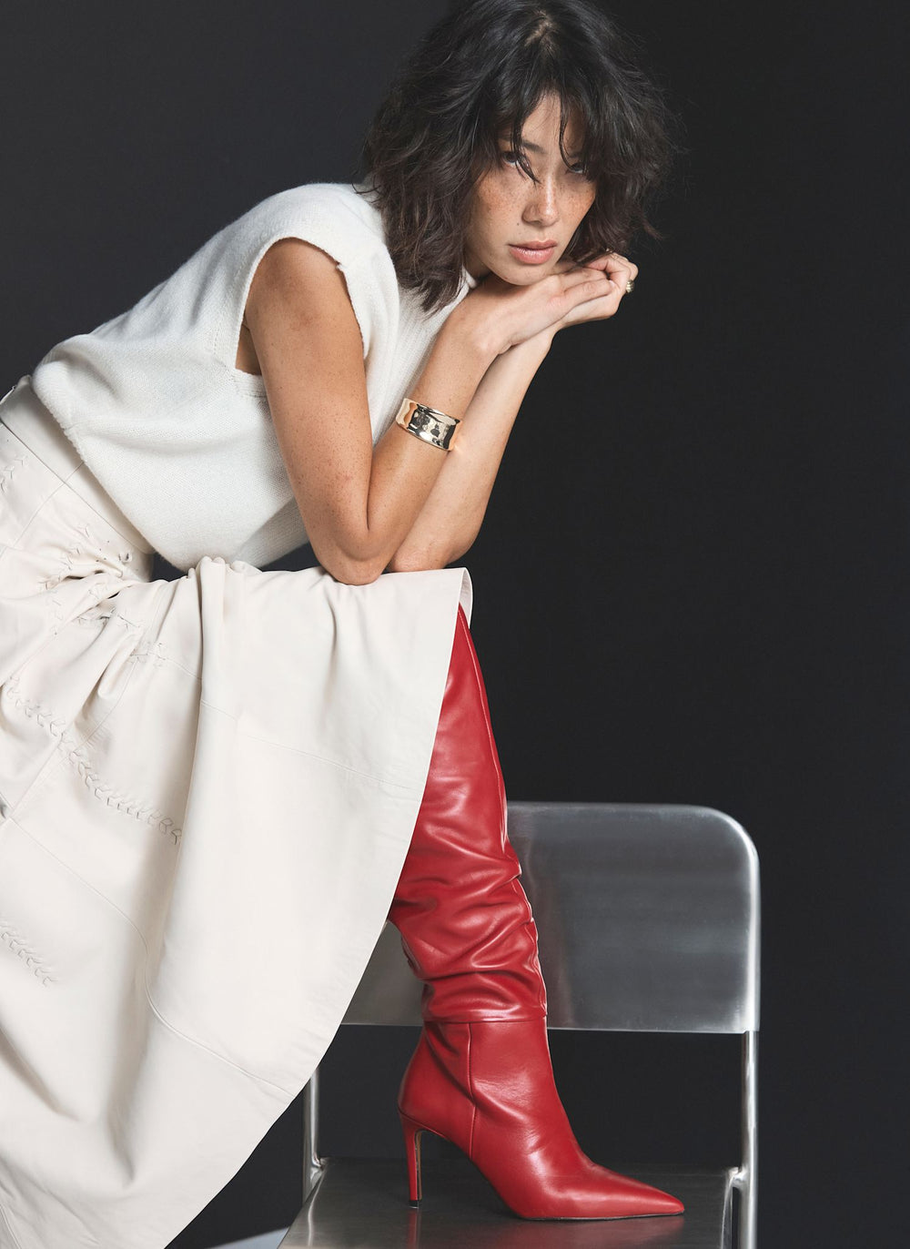 Hazel Red Leather Knee High Boots