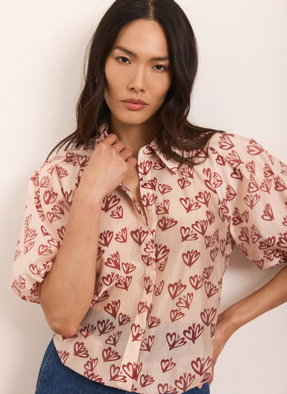 Pink Heart Print Puff Sleeve Shirt