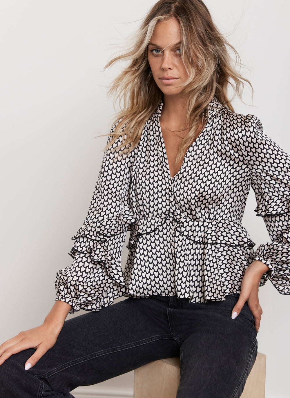 Black Heart Print Ruffle Top