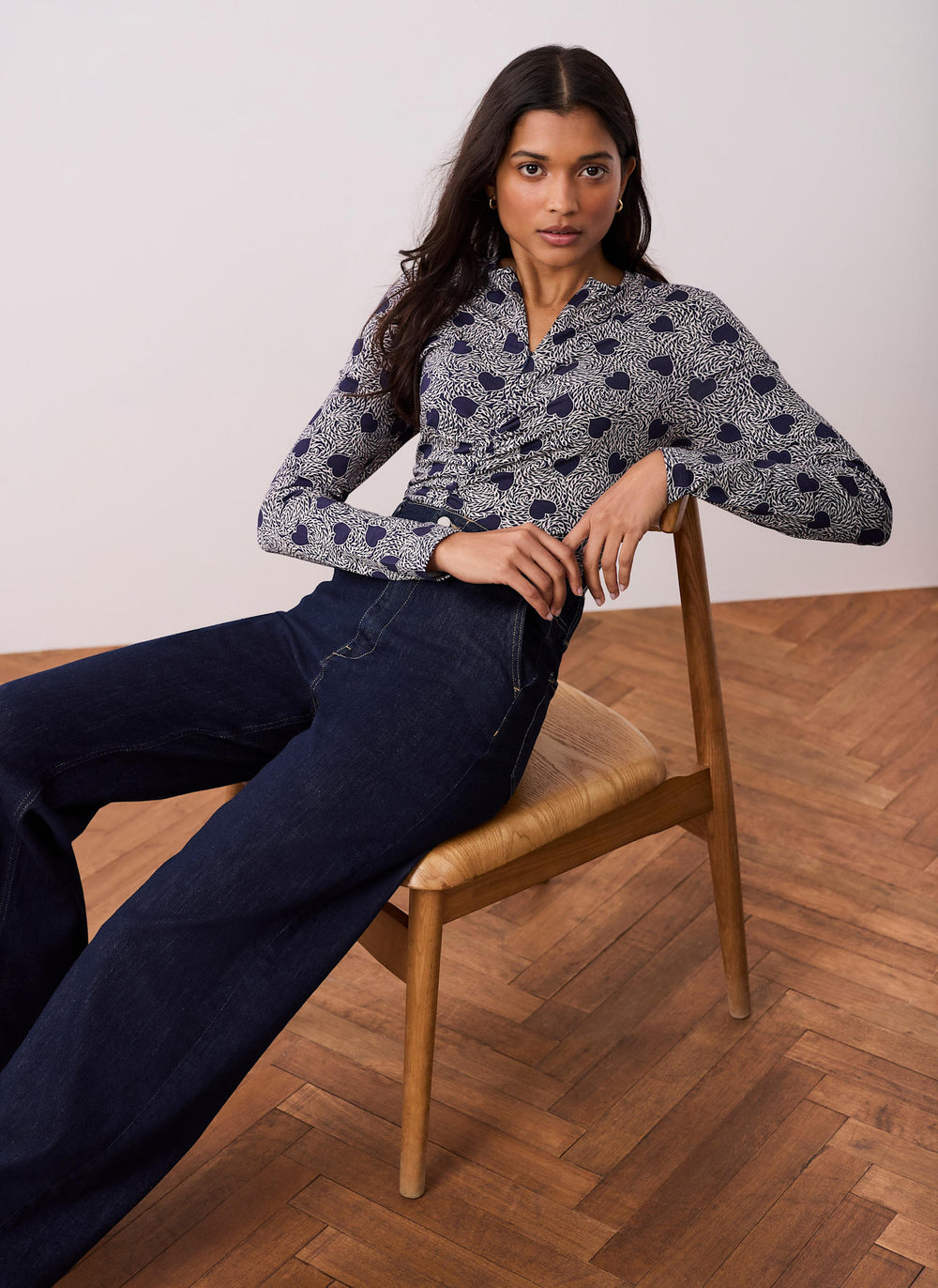 Navy Heart Print Zip Detail Top