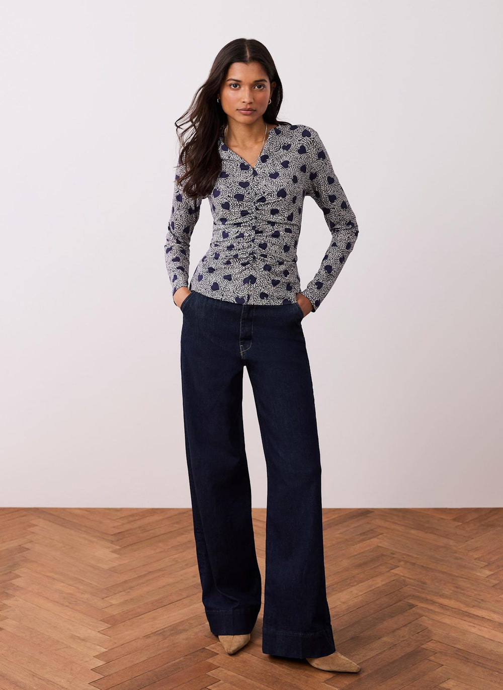 Navy Heart Print Zip Detail Top