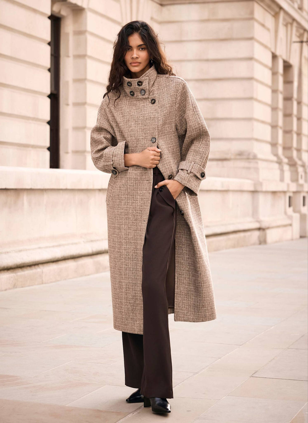 Neutral Wool Blend Heritage Check Coat