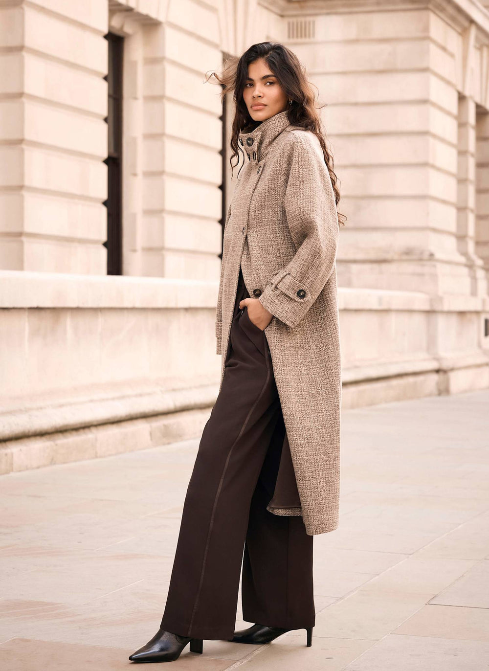 Neutral Wool Blend Heritage Check Coat